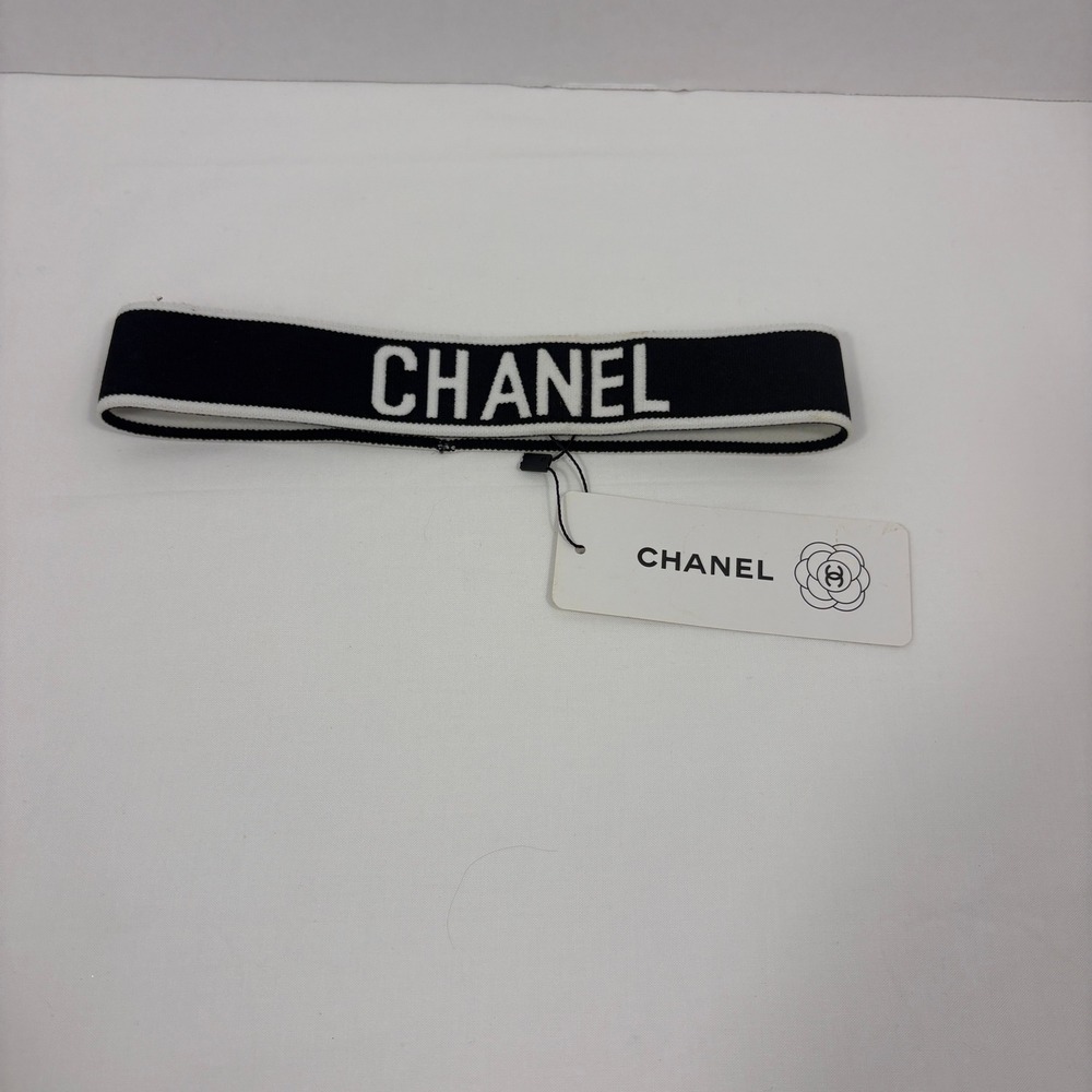 Chanel Logo Headband Black White Elastic Knit Hair Accessory NWT